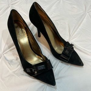 Black Suede Pointy Toe Rubber Grip Sole, Patent & Bead Bow Detail, Heels